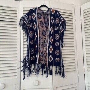 Hipster Row Fringe Aztec Southwestern Boho Hippie Hood Scarf Poncho One Size